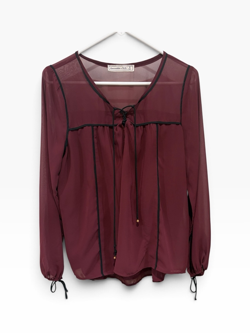 Abercrombie & Fitch Burgundy Sheer Lace-Up Long Sleeve Blouse – Women’s Small